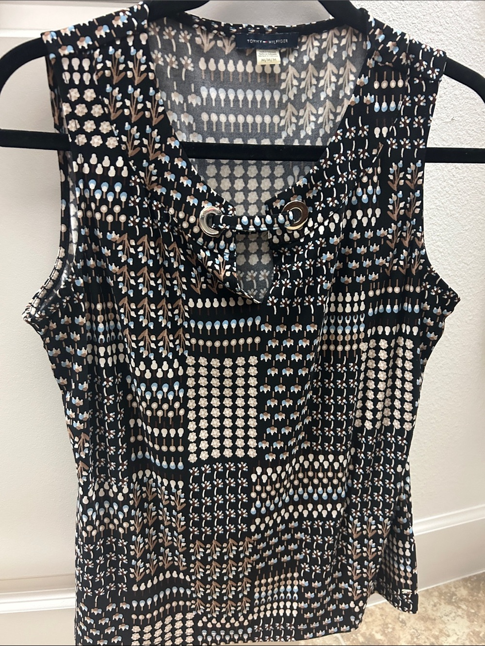 Tommy Hilfiger Black Tank Top with Blue and Tan Geometric Print